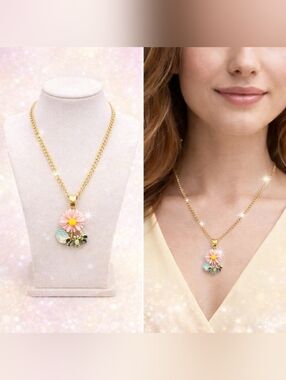 Gold plated Iridescent Crystal pink Daisy honeybee necklace